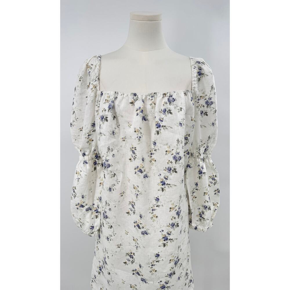 Reformation White Floral Linen Dress Puff Sleeve Mini Short Cottagecore Large L